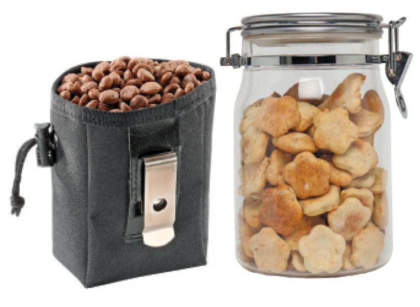 dog treats in a bag next to dog treats in a clear jar
