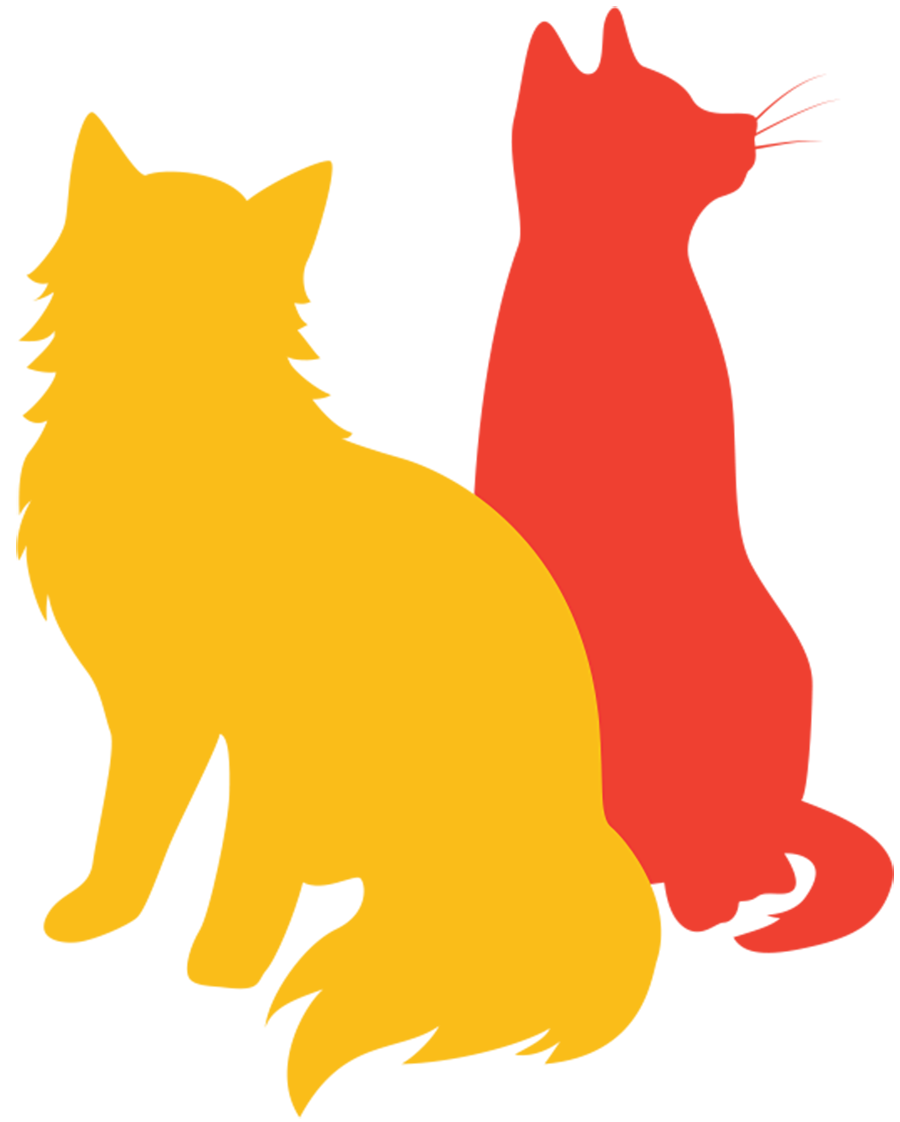 An illustrative silhouette representation of a yellow colored cat and a red colored cat posing at an angle