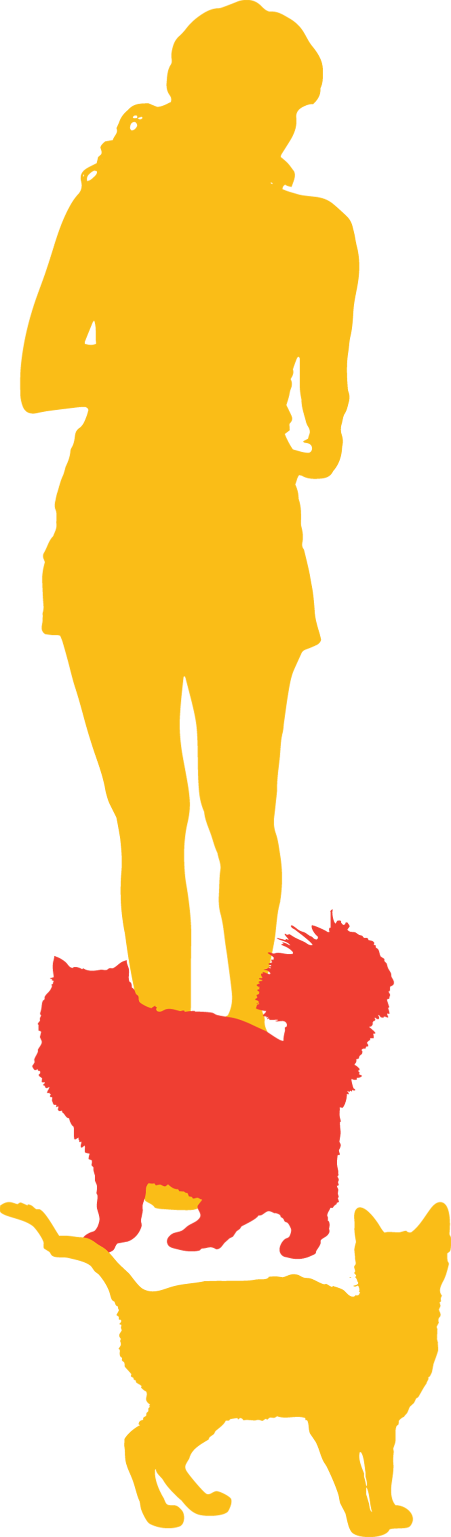 An illustrative silhouette representation of a yellow colored woman hovering on top of/floating above a red colored cat and a yellow colored cat