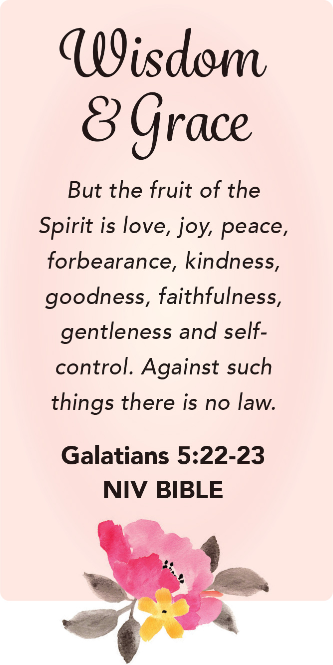 Wisdom and Grace, But the fruit of the Spirit is love, joy, peace, forbearance, kindness, goodness, faithfulness, gentleness and self-control. Against such things there is no law. Galatians 5:22-23 NIV BIBLE with pink flower under