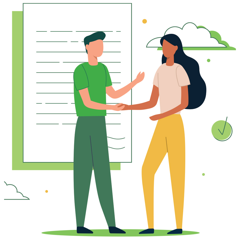 illustration of 2 people shaking hands and a paper with lines, clouds, and green check mark behind them