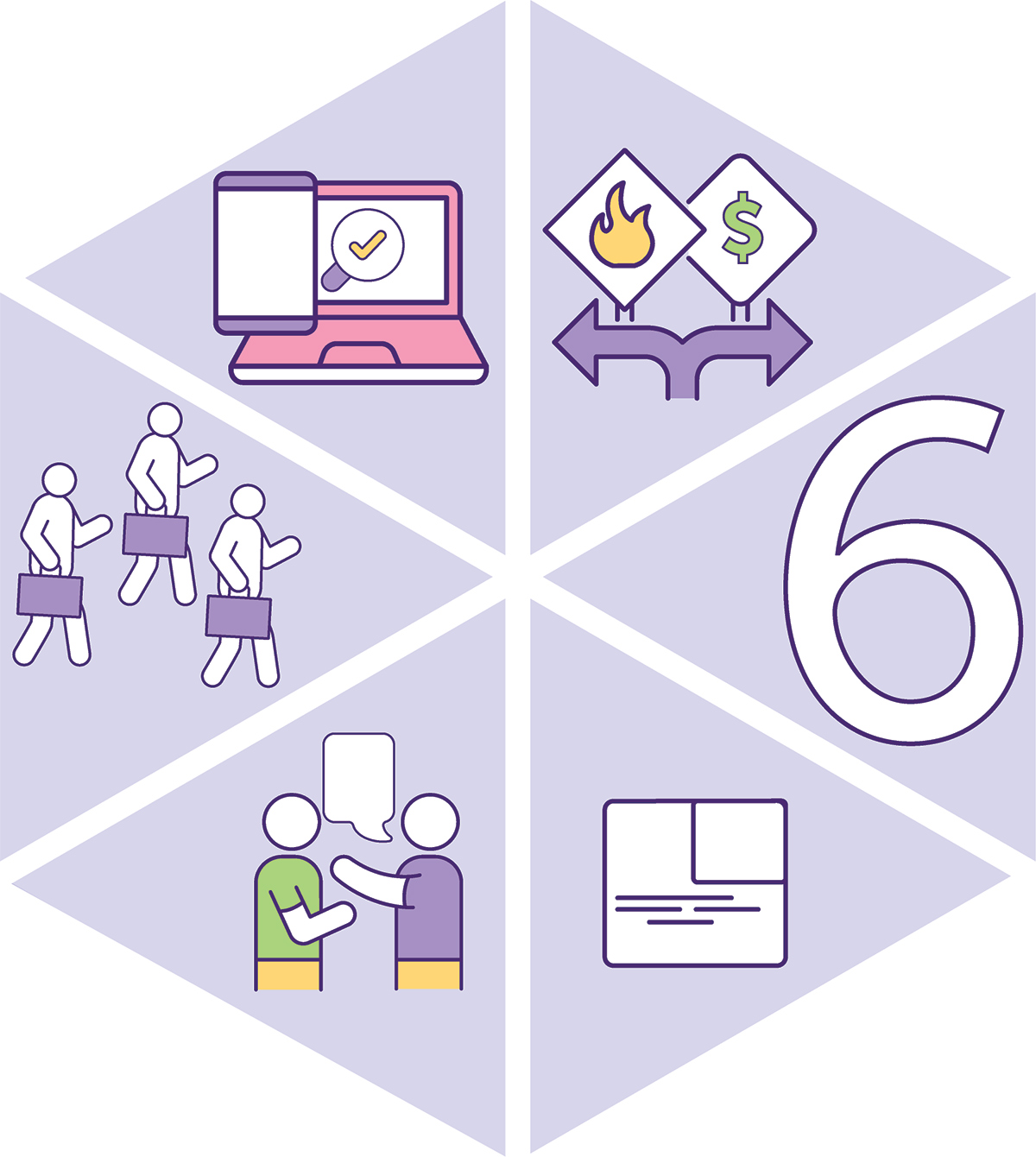 number 6 with business illustrations in triangle shapes