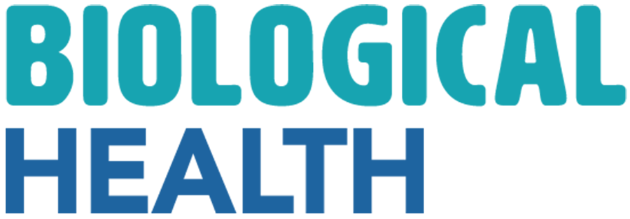 Biological Health typographic header - the word biological is in turquoise while the word health is in dark blue