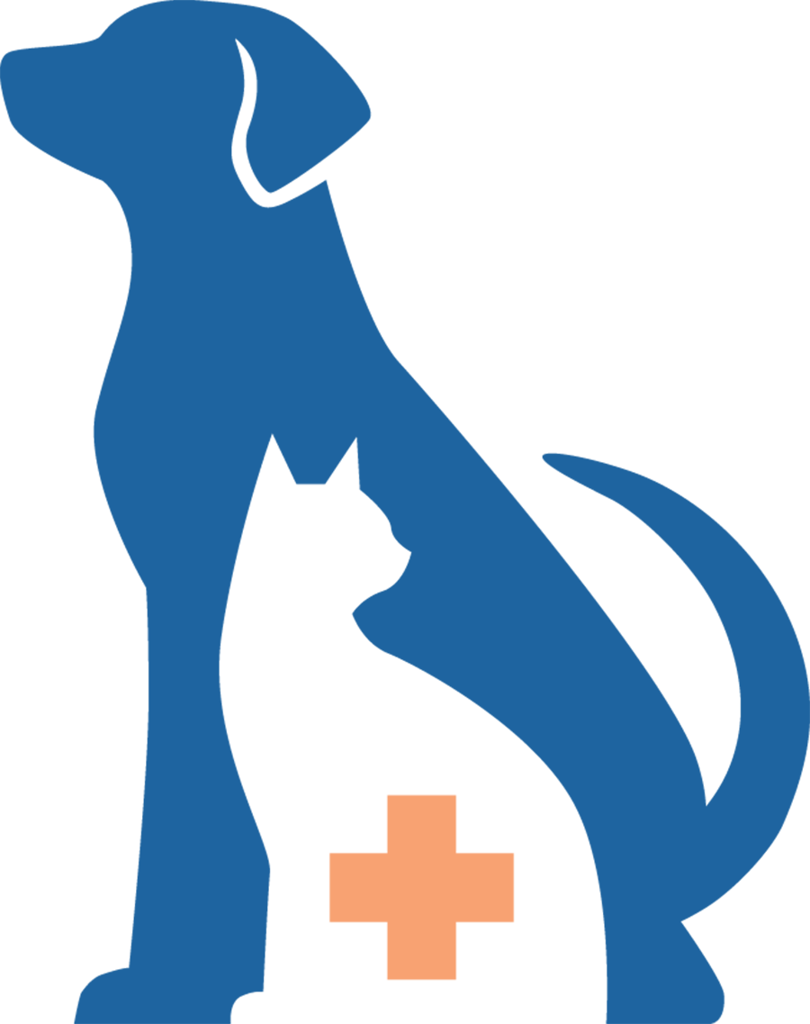 Dark blue silhouette illustration of a dog with a non-colored silhouette illustration of a smaller size cat integrated into the dog while a orange health plus-sized shape icon symbol is integrated into the cat