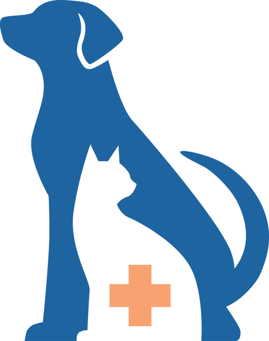 Dark blue silhouette illustration of a dog with a non-colored silhouette illustration of a smaller size cat integrated into the dog while a orange health plus-sized shape icon symbol is integrated into the cat