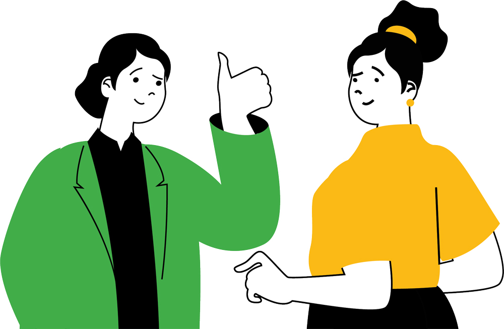digital illustration of two people talking, one of them giving a thumbs up