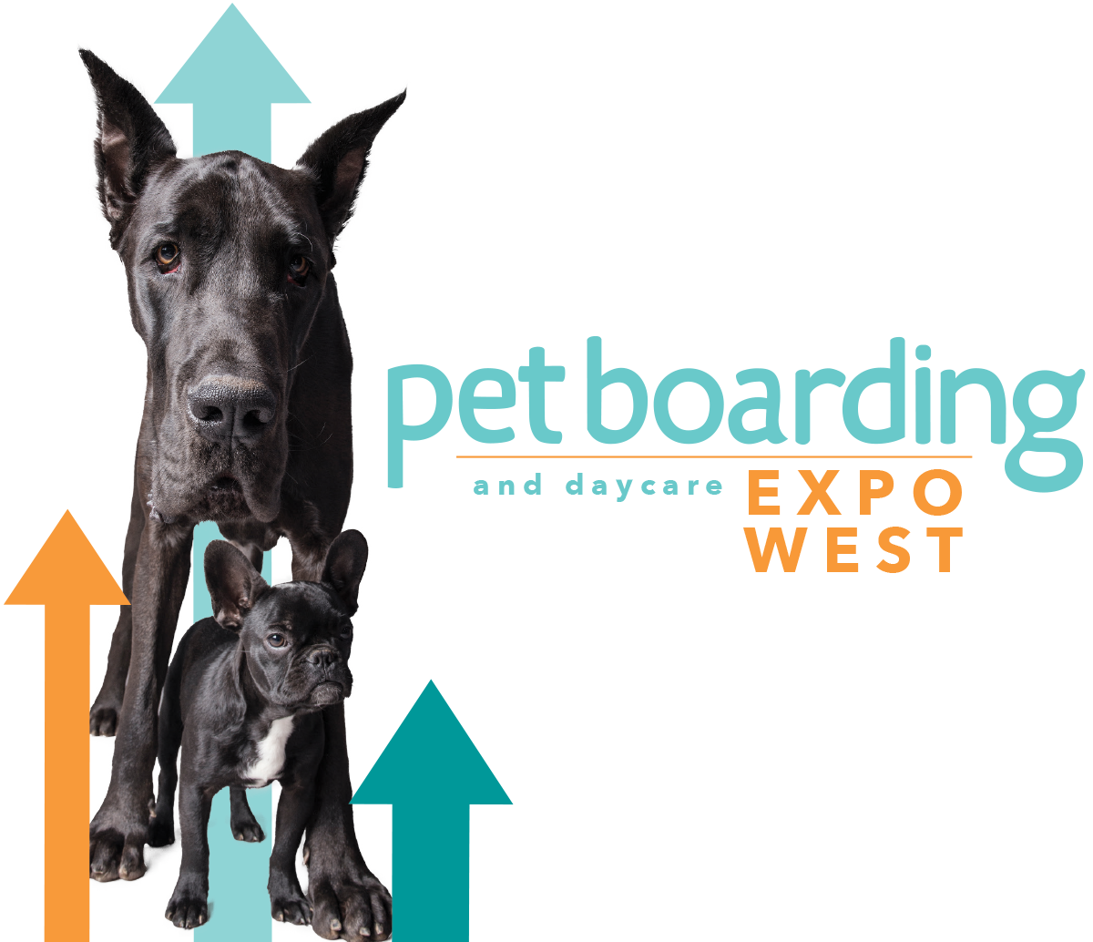 A large dogs standing over a small dogs with blue and orange arrows pointing up behind them; text that reads pet boarding and daycare expo west