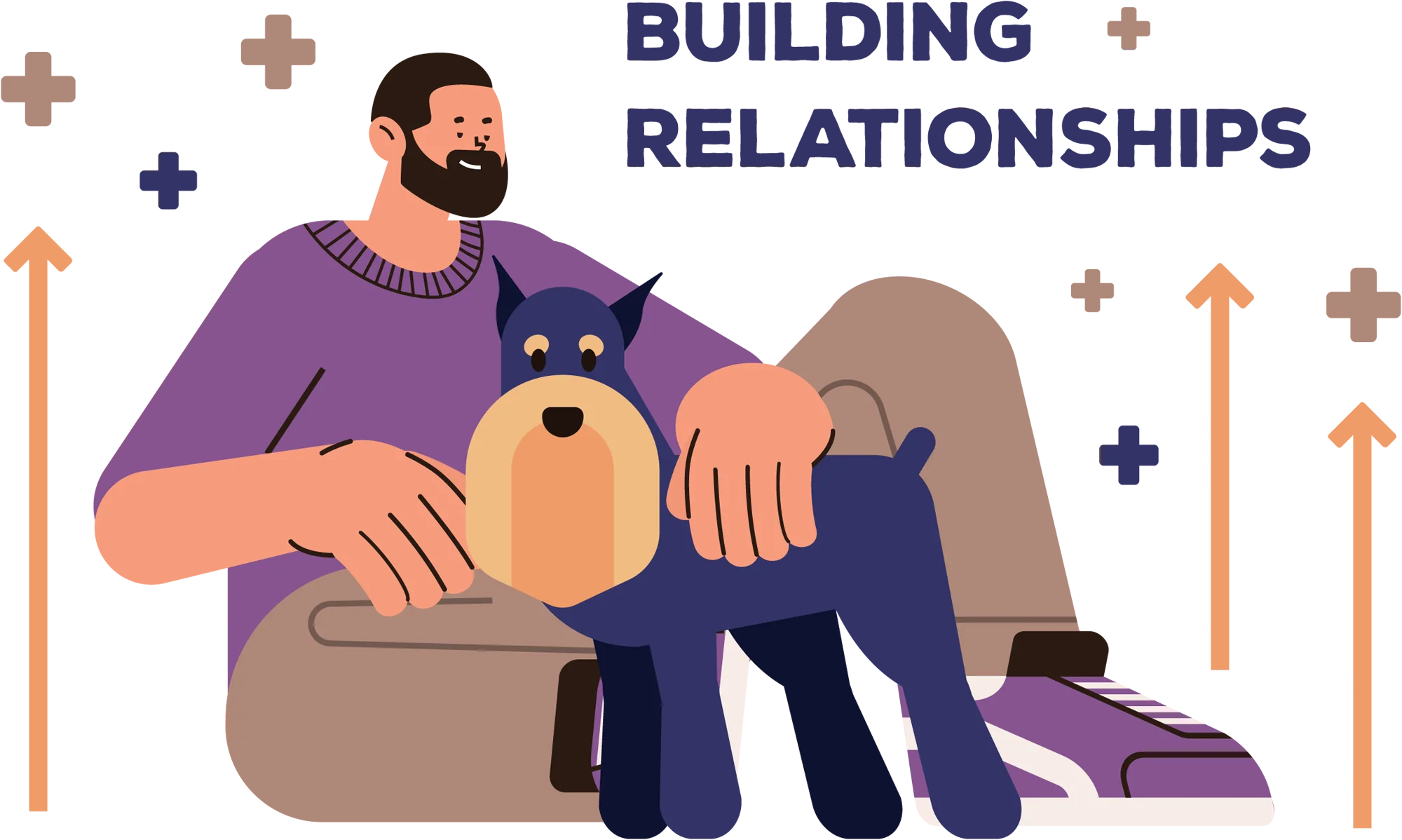Building Relationships typography beside an illustration of a man wearing a purple sweater sitting beside a standing dog