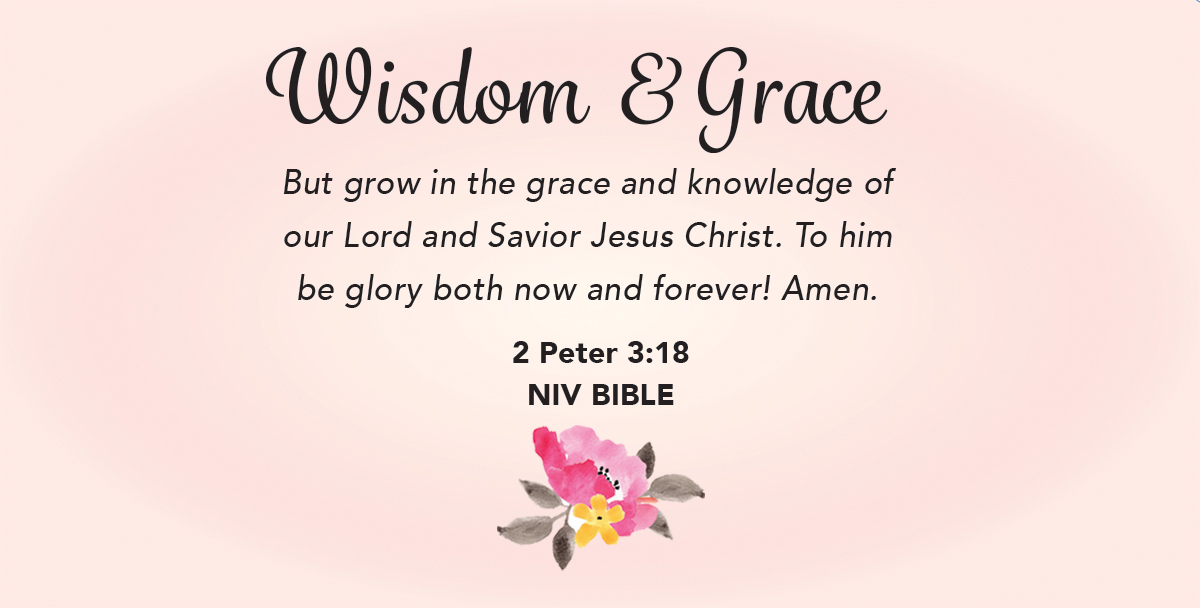 Pink and faded pink gradient background containing Wisdom & Grace cursive words title floating up above at top and 2 Peter 3:18 NIV BIBLE verse sentence floating down below the cursive title followed by a small little floral watercolor flower floating at the very bottom of the gradient background