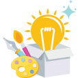 illustration of a lightbulb in a box with various art tools