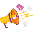 illustration of a megaphone going off with comment bubbles and lightning bolts projecting