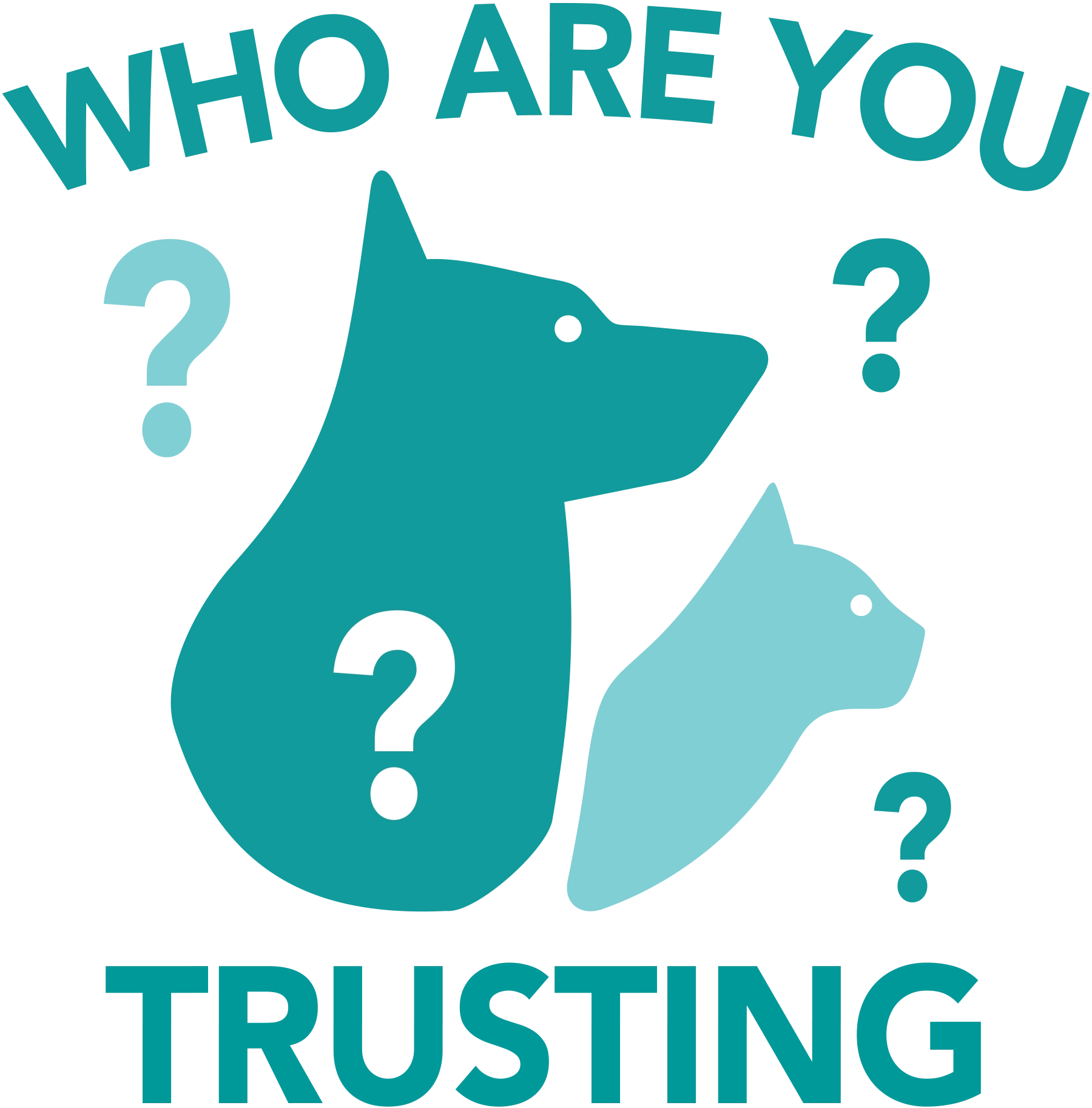 Who are you trusting typography with floating question marks surrounding the silhouette of a dog and cat