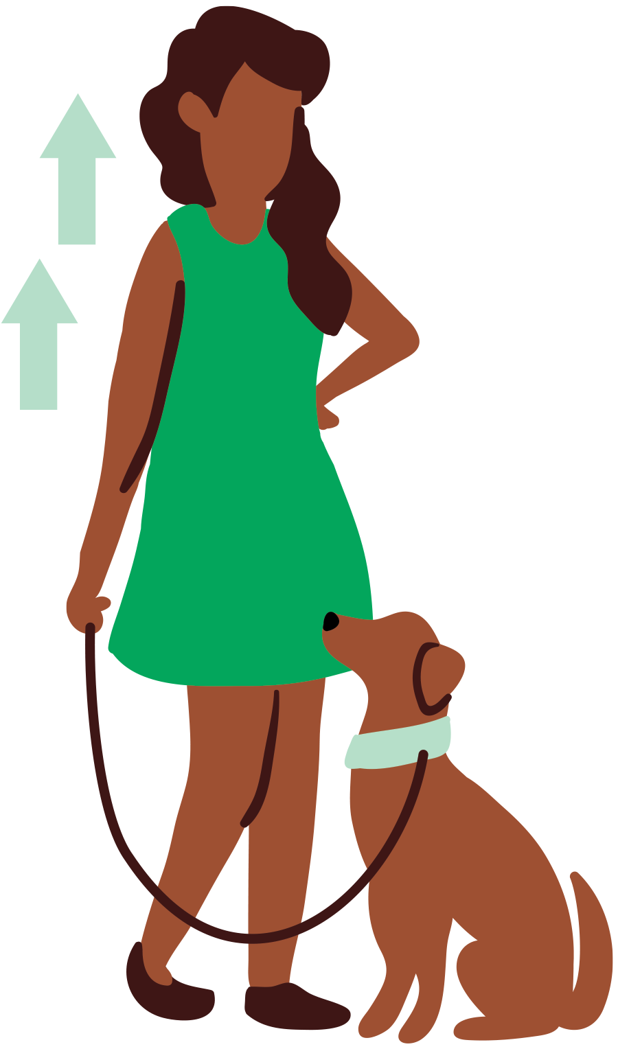 illustration of  green upward arrows floating around woman wearing green dress holding leash while dog sits at her feet 