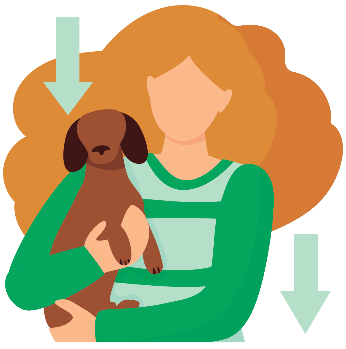 illustration of woman holding dog with downward arrows floating around them