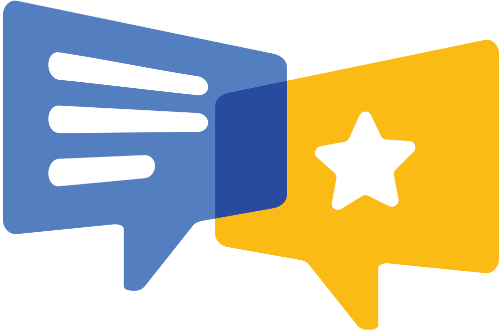 Two overlapping speech bubbles, one blue with white lines, and one yellow with a white star