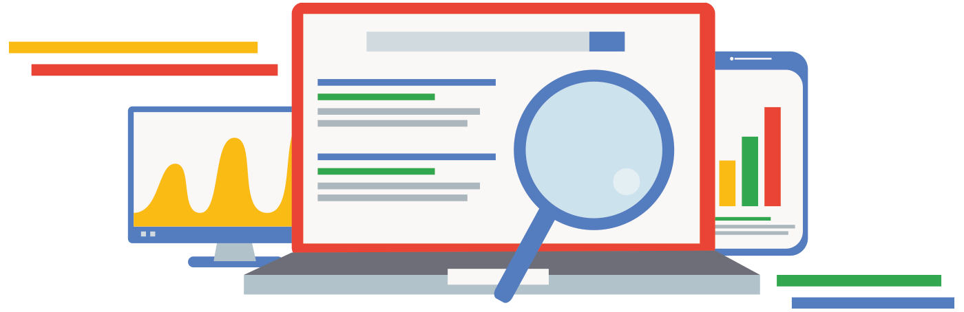 A website analysis illustration with a magnifying glass, charts, and graphs on a laptop and phone.