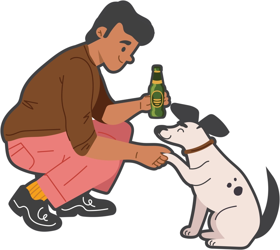 illustration of a man holding a bottled drink and interacting with a dog