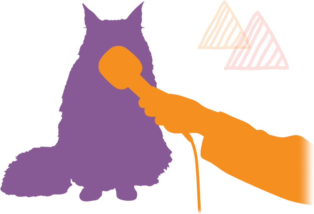 purple silhouette of a cat being interviewed by a orange silhouette hand holding a mic