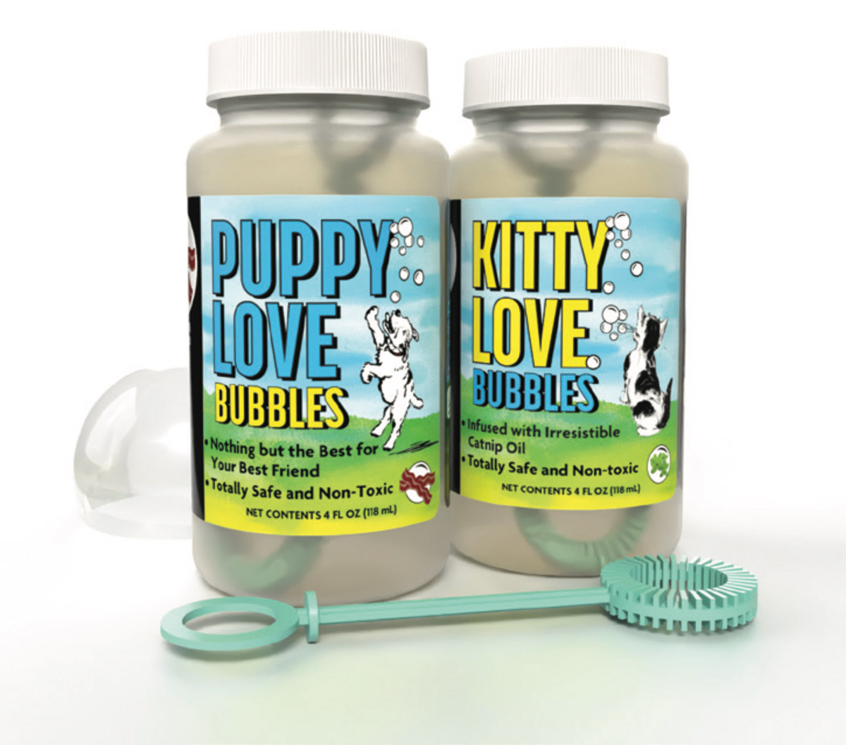 Puppy and Kitty Love Bubbles product containers from Atomic Bubbles