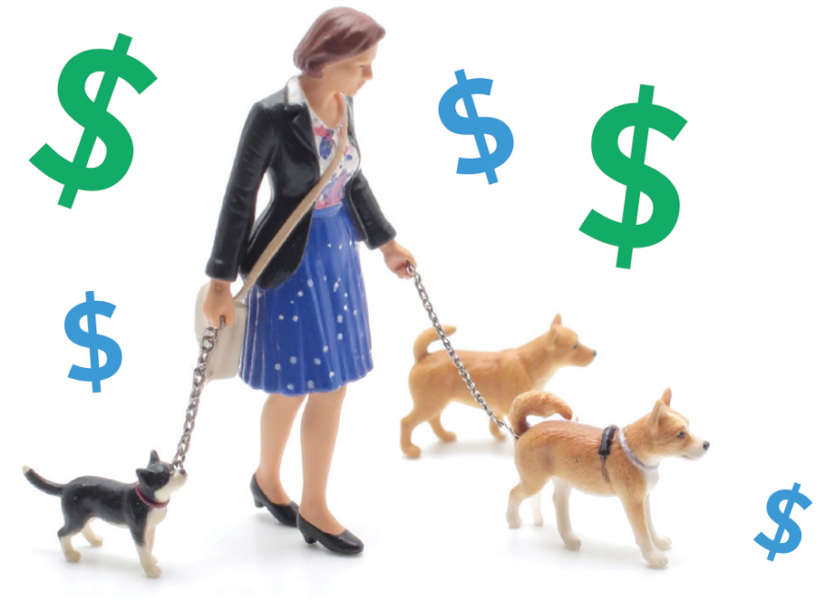 A figurine of a woman walks two dog figurines on leashes. Dollar signs float around them.