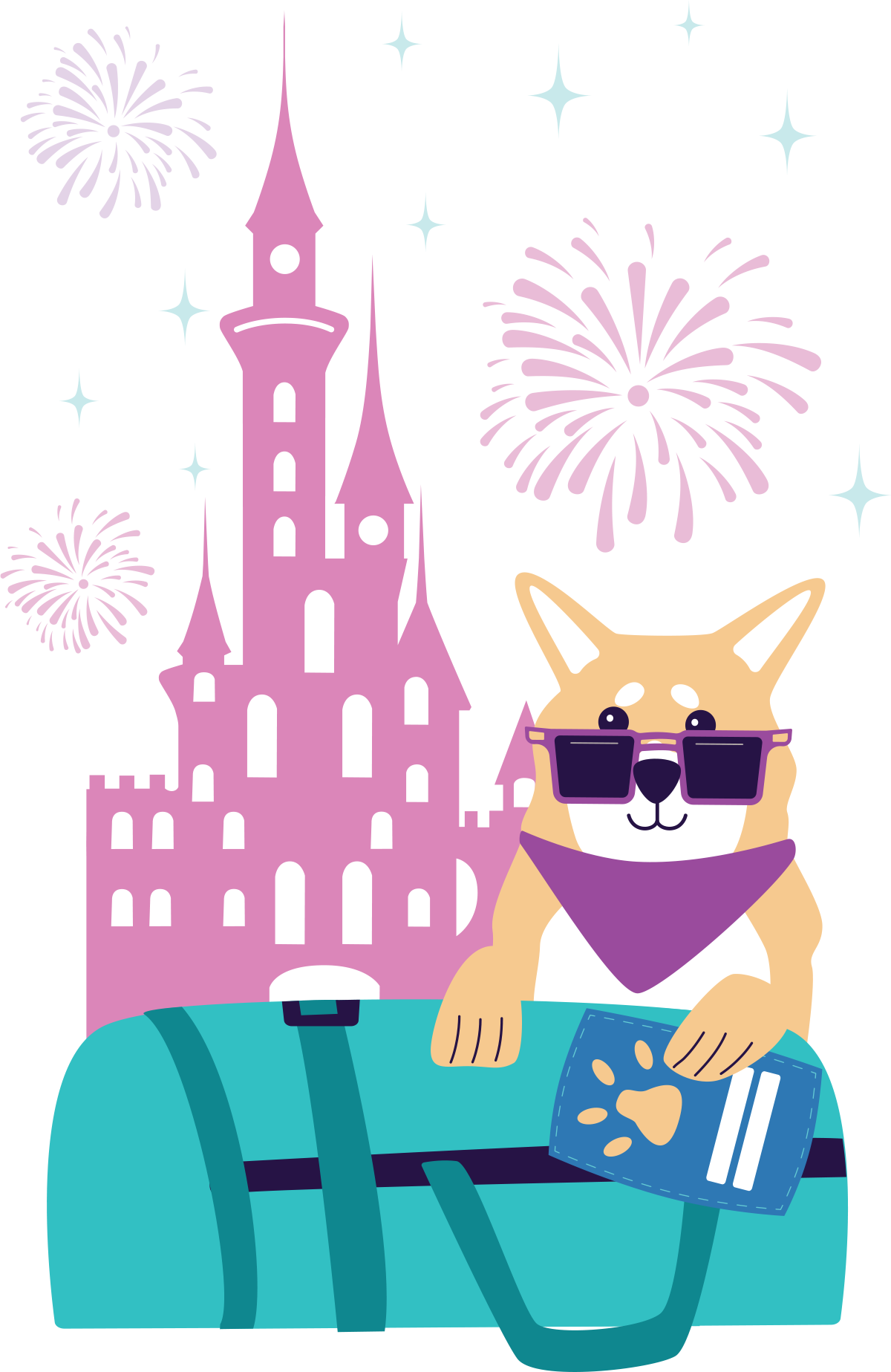 digital illustration of corgi dog holding passport next to luggage and theme park castle