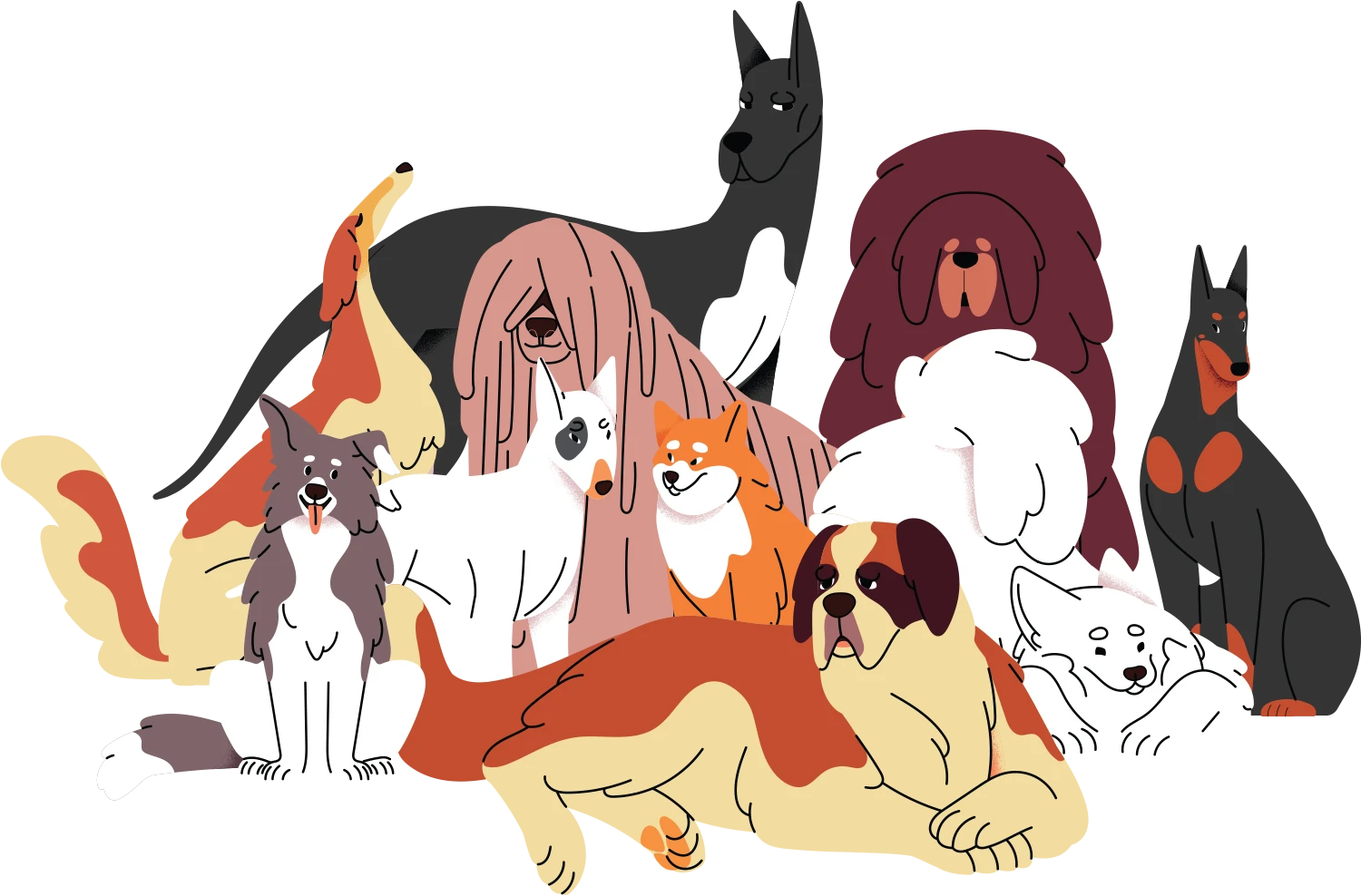 vector illustration of various dogs posing together