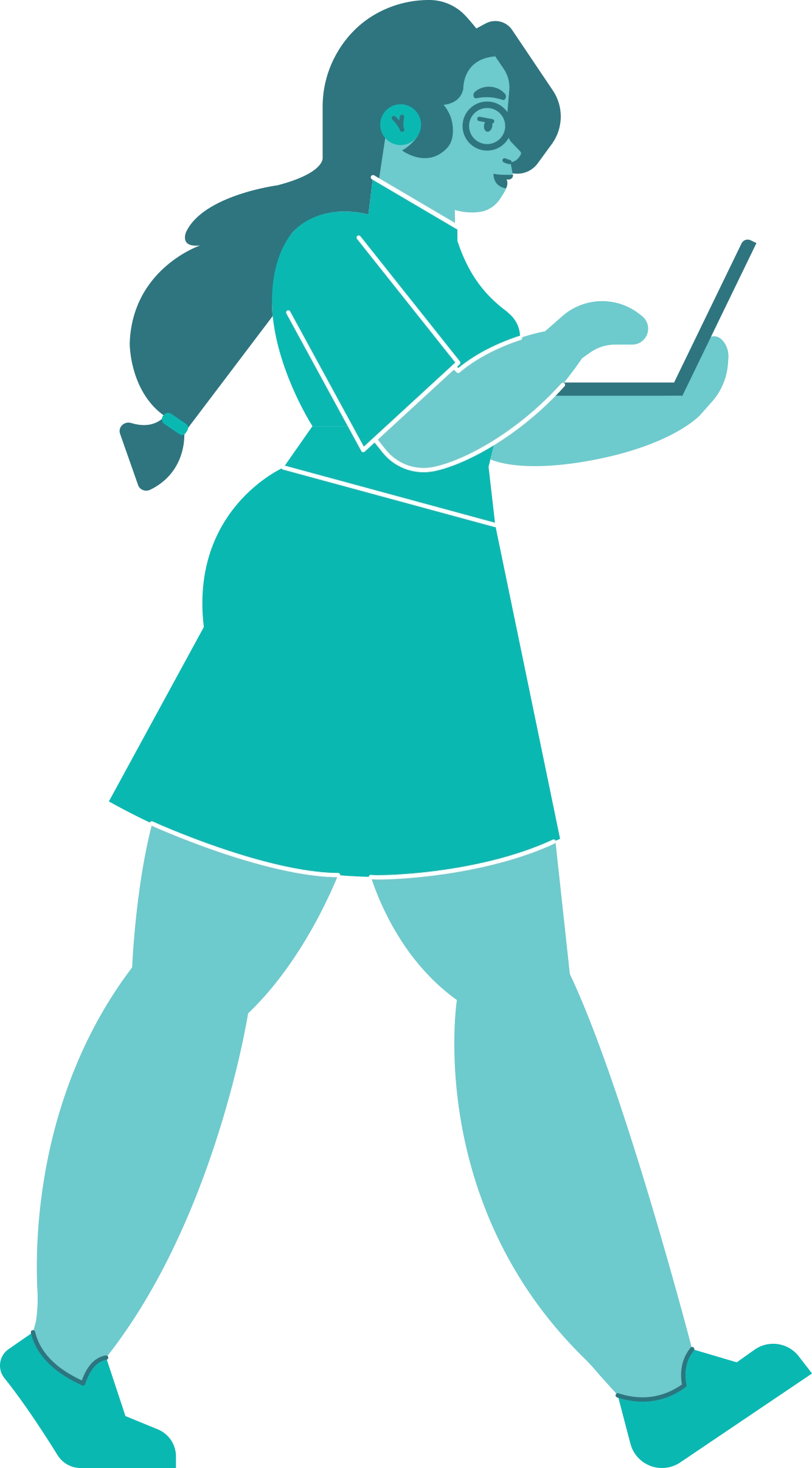 Illustration of a person with a ponytail walking while holding a laptop.