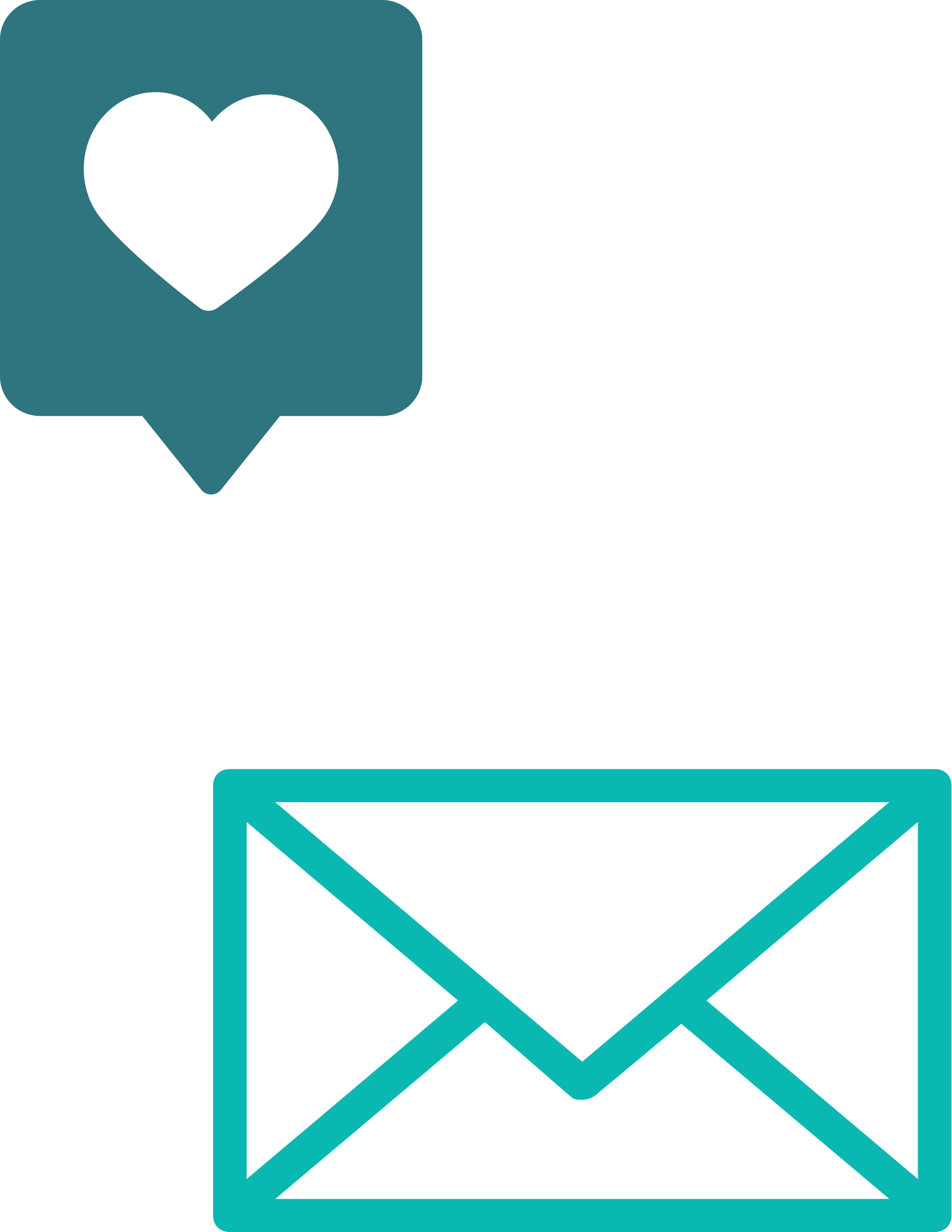 Teal pencil with heart icon and teal envelope icon.