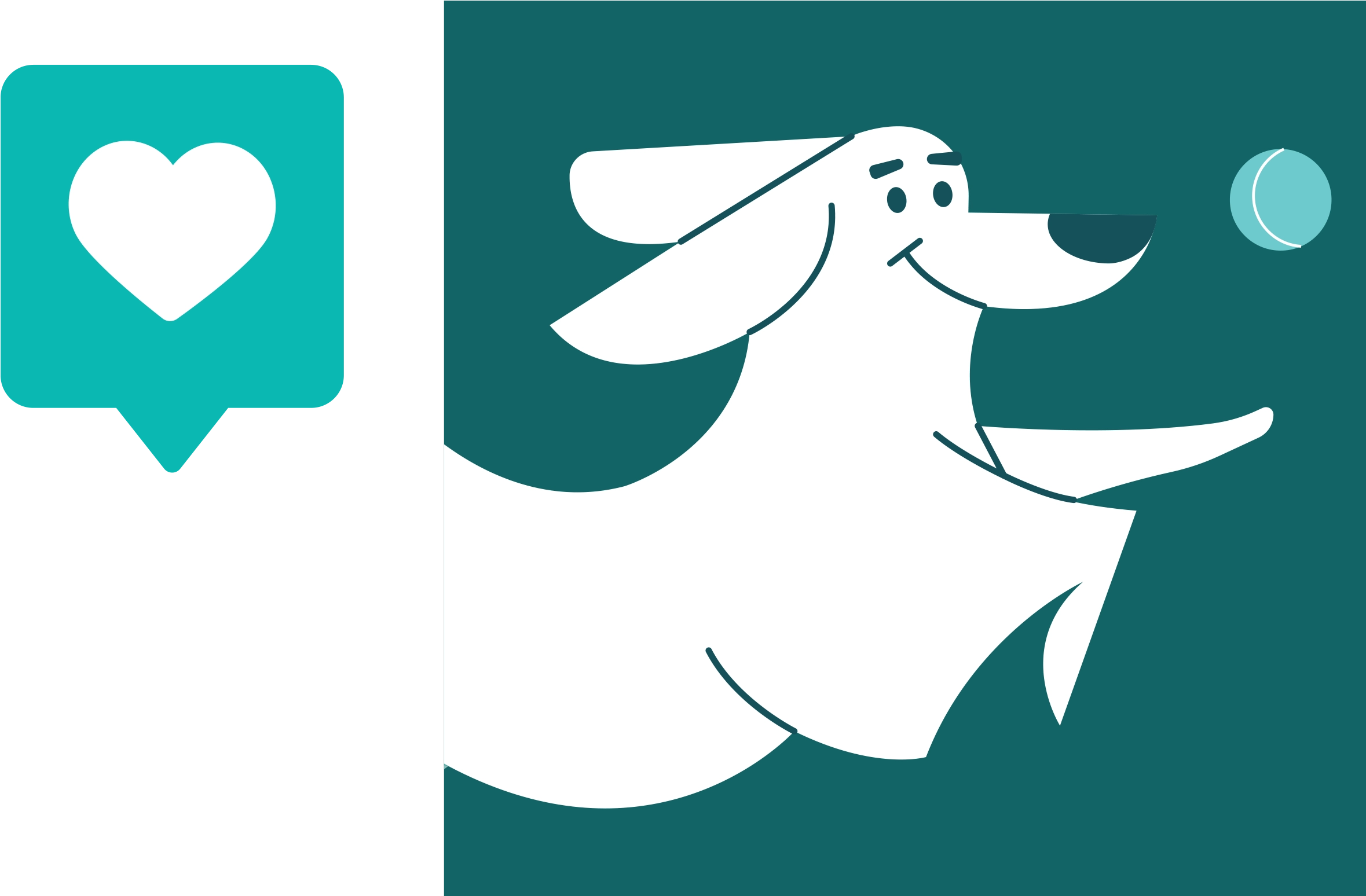 Stylized illustration of a dog leaping towards a tennis ball, with a heart speech bubble icon nearby.