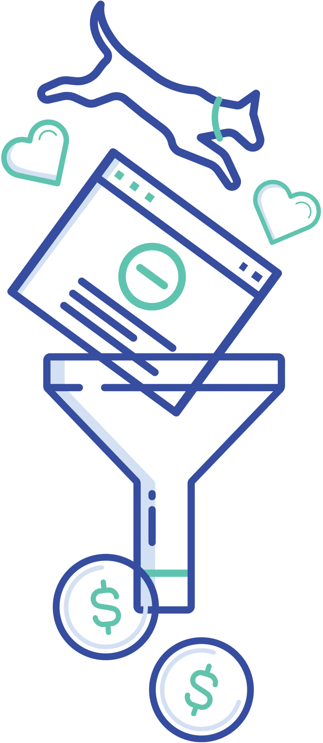A blue and green illustration of a sales funnel. At the top, a dog is jumping to the right with two hearts floating nearby. Below the dog, a computer window is hovering above a funnel. At the bottom of the funnel, two coins with dollar signs on them are falling out.