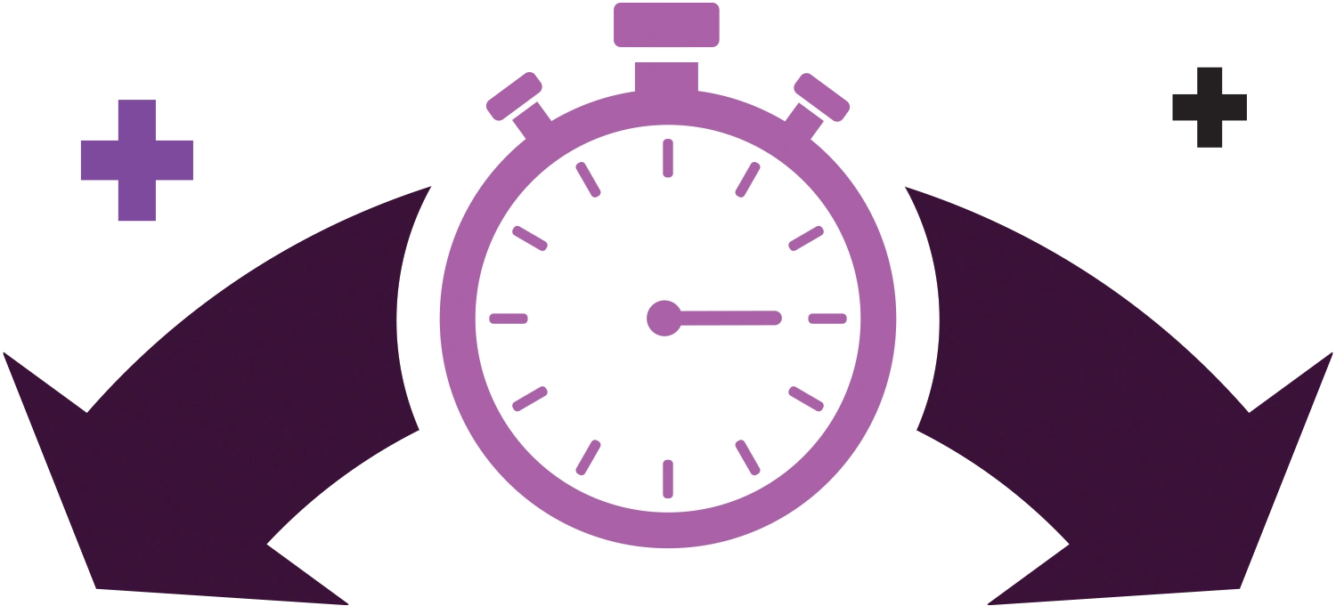 A stylized purple stopwatch is centered with two large, purple arrows pointing horizontally away from it. A purple plus sign is on the left and a black plus sign is on the right.