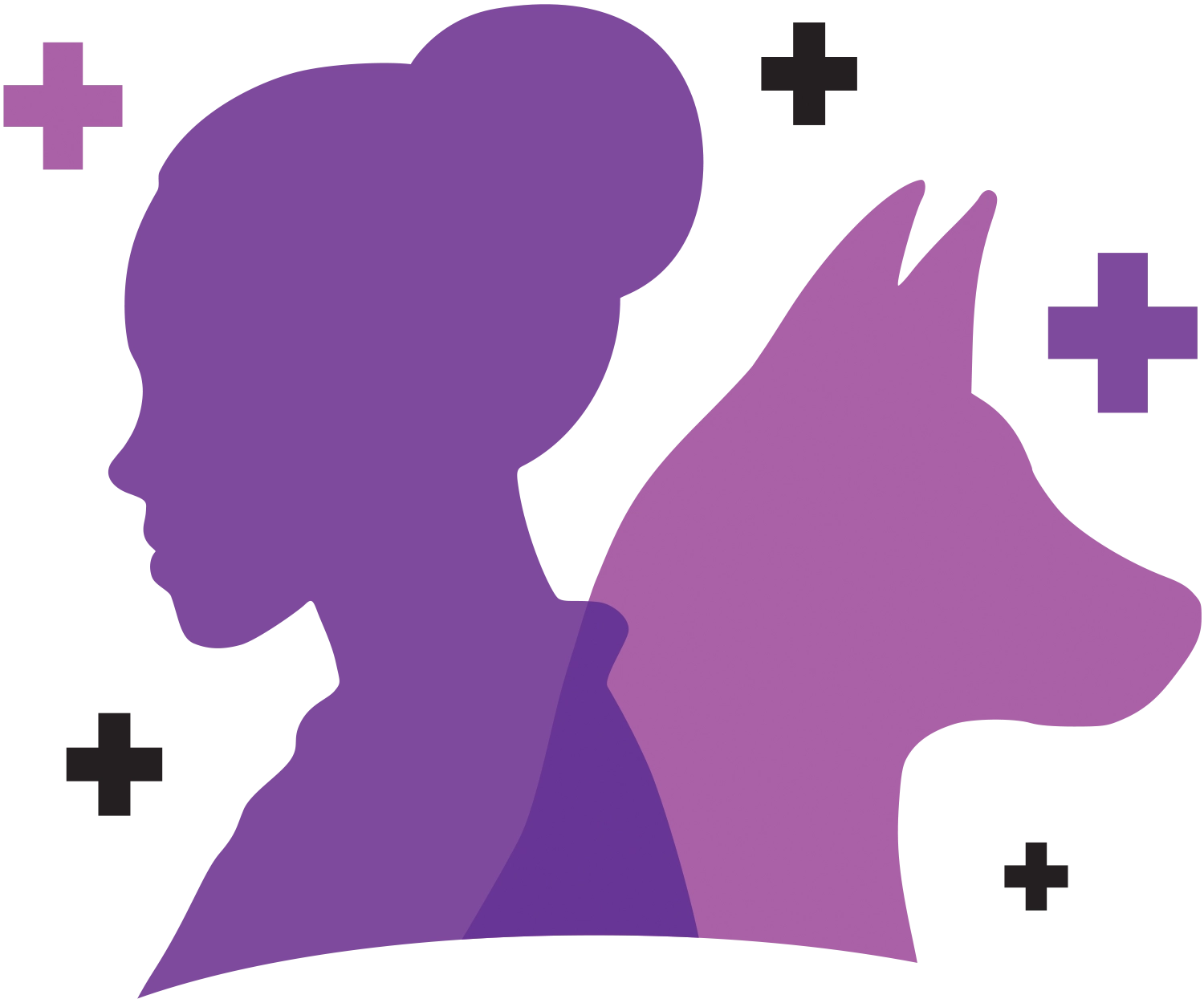 A purple silhouette of a person's head and torso, with a bun in their hair, facing left. The silhouette of a dog's head is behind the person's head, facing right. The person's silhouette is a darker purple, and the dog's is a lighter purple. There are two purple plus signs and three black plus signs scattered around the silhouettes.