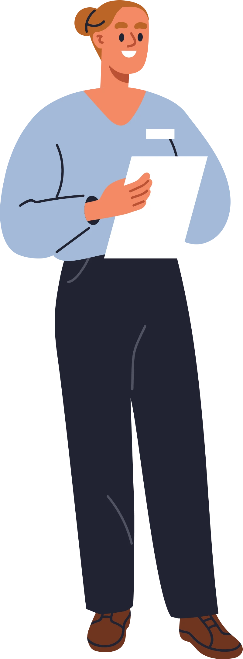 Cartoon graphic of a business woman or veterinary technician taking notes or reviewing a checklist