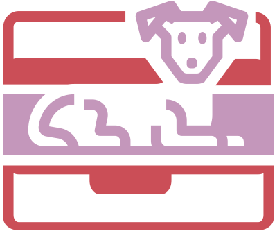 A purple outline of a dog sitting on a bed, split by red and purple horizontal stripes.
