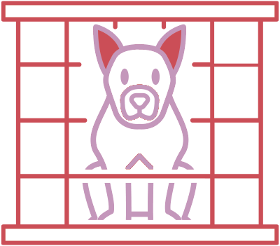  A purple outline of a dog sitting inside a red outline of a wire crate or kennel.