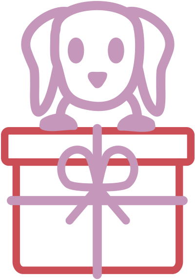  A purple-outline dog with floppy ears smiling, sitting on top of a gift box wrapped with a purple ribbon and outlined in red.