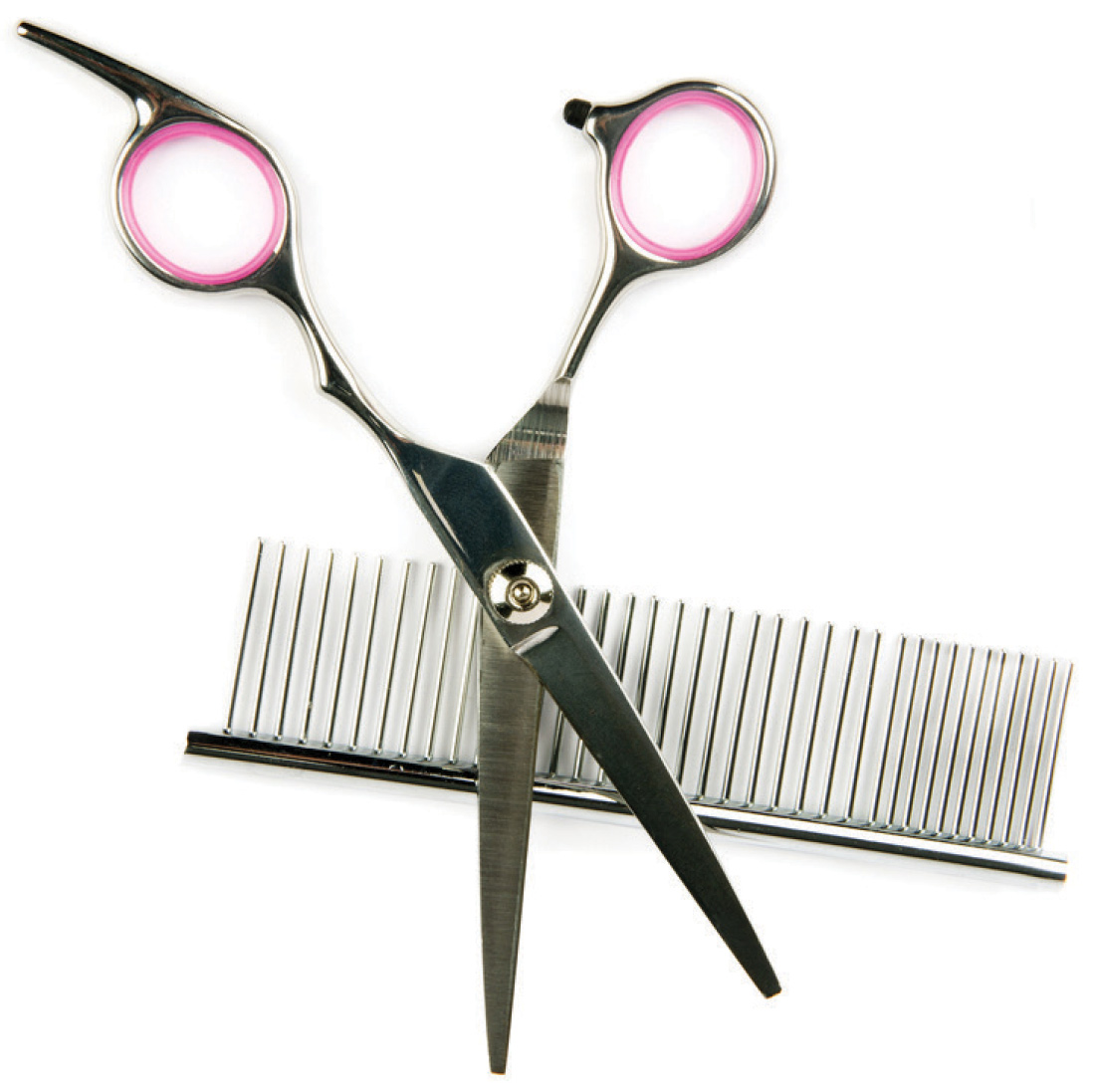  A top-down studio shot of silver grooming shears with pink-lined finger loops, crossed over a long, silver metal grooming comb. The tools are placed on a white background.