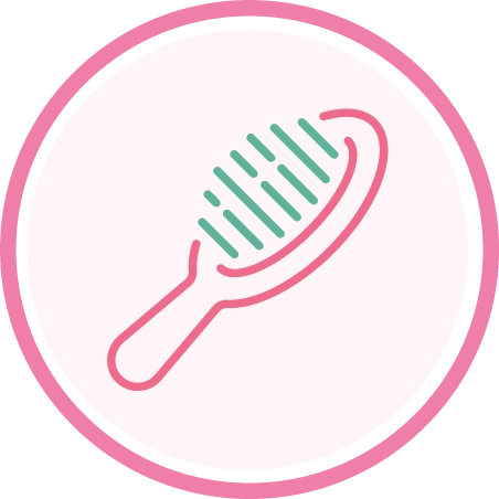 A circular icon showing a pink and teal hairbrush or cat brush, set against a light pink background with a pink border.