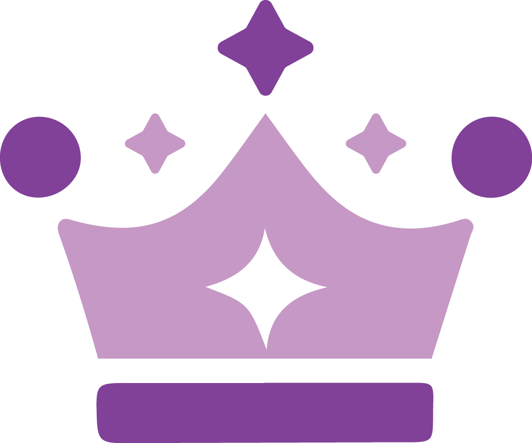 A purple and lavender graphic icon of a royal crown decorated with four-pointed stars and circular accents.