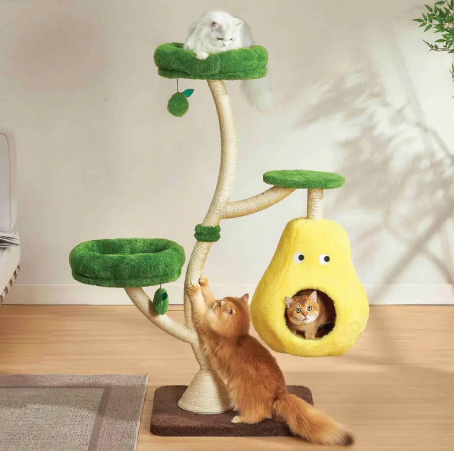 Michu Verde Solid Wooded Base Cat Tree product image featuring three different cats interacting with the product