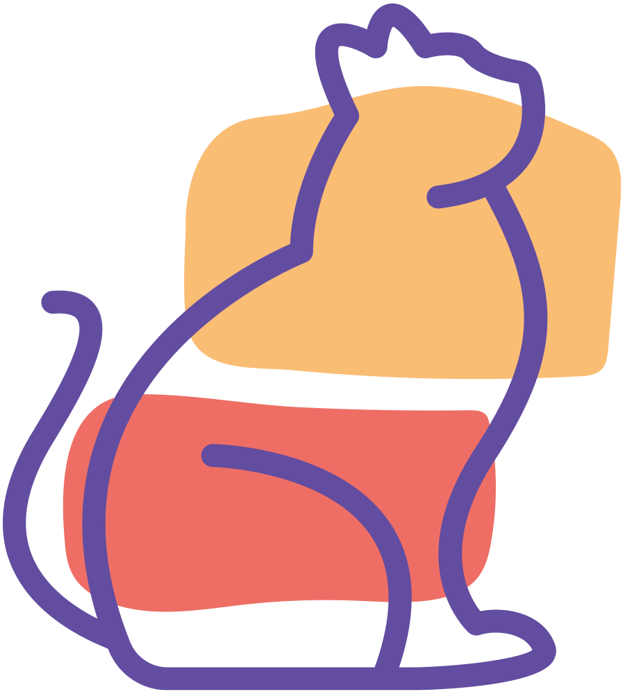 Purple line icon of a sitting cat silhouette over pink and orange shapes.