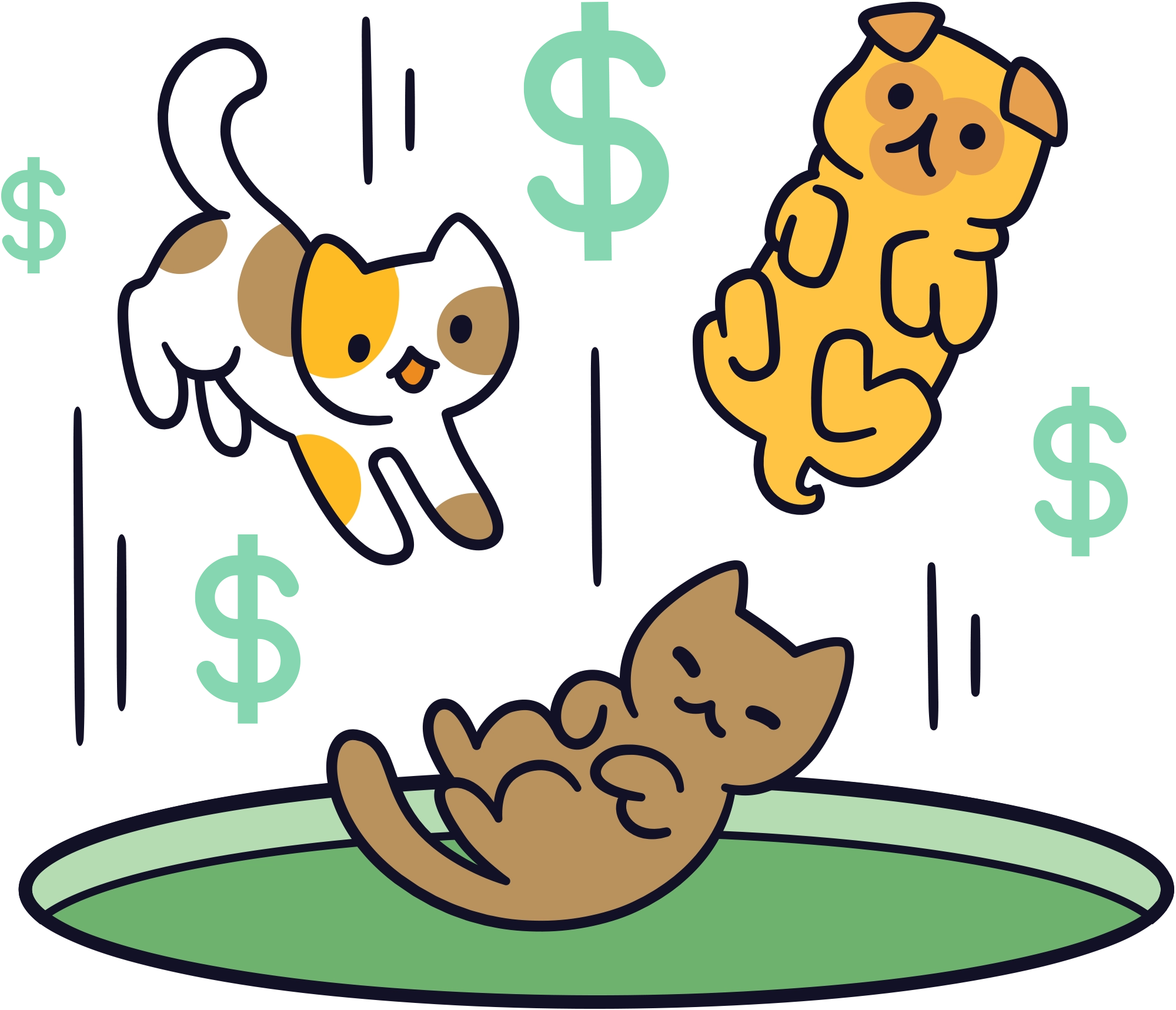 Cartoon illustration of two cats and a dog falling toward a green surface surrounded by floating dollar signs.