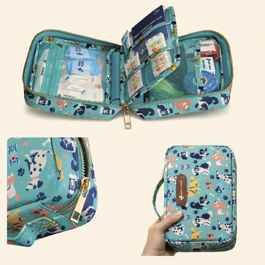 three different angled views of a hand holding the KeepGoing Pet First Aid Kit