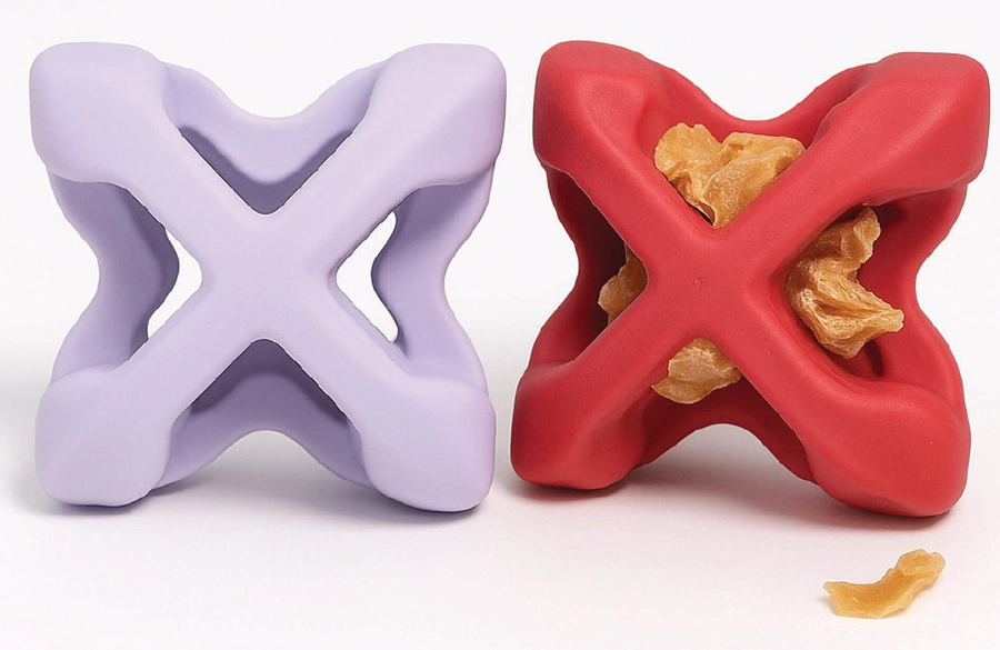 two PetDreamHouse Sensory Enrichment Geometrics AstroRolly Dog Toys, one in purple and the other in red