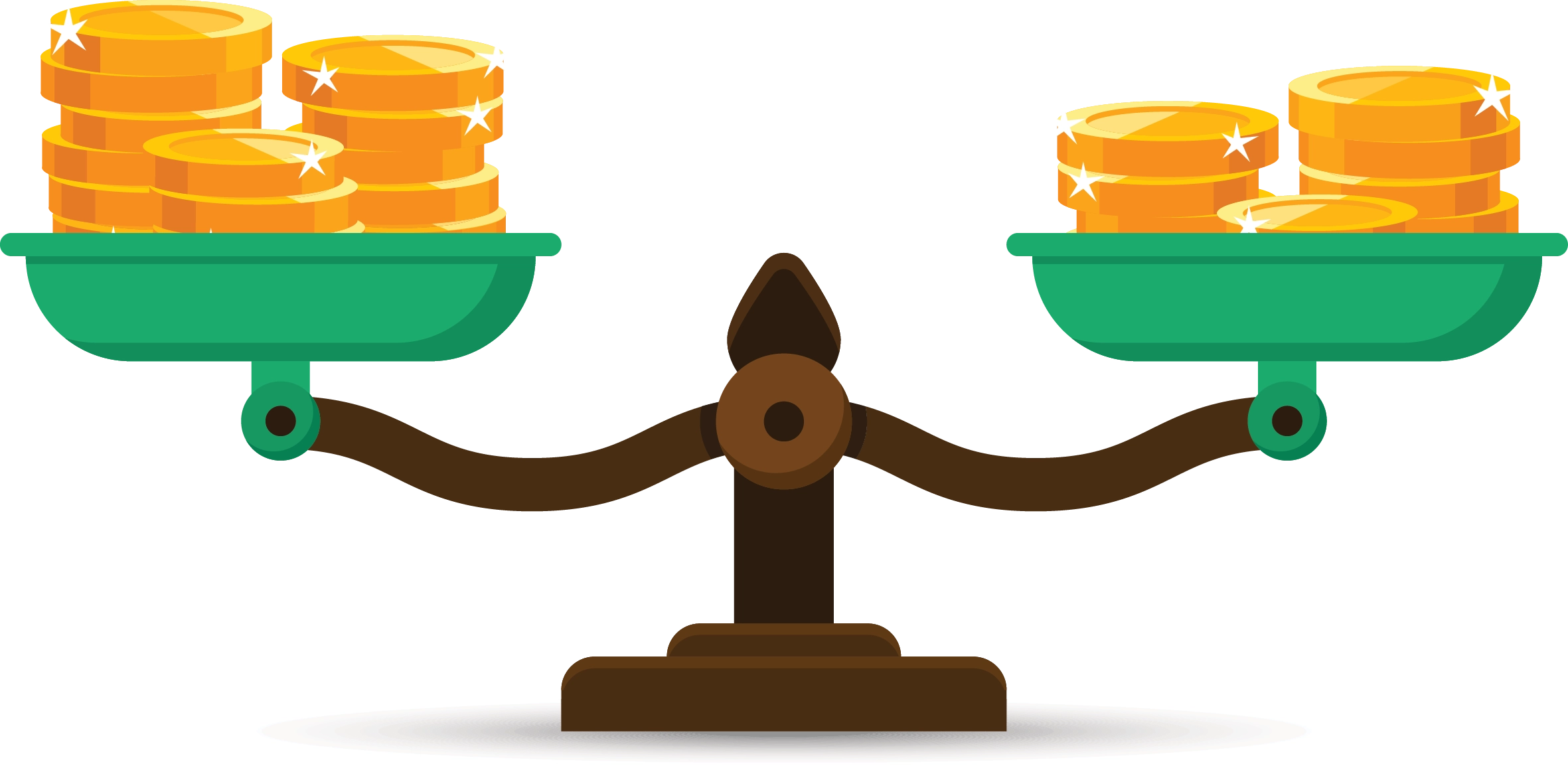 A balance scale with gold coins on each tray, one side slightly raised.