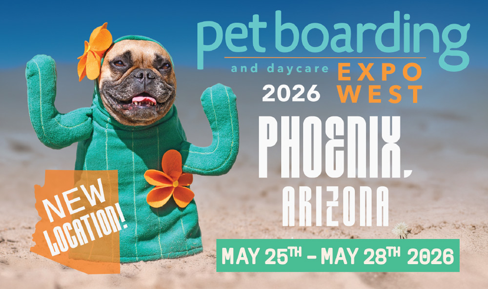 Pet Boarding and Daycare 2026 Expo West article typography and graphic featuring a pug dressed in a cactus costume and standing in a desert
