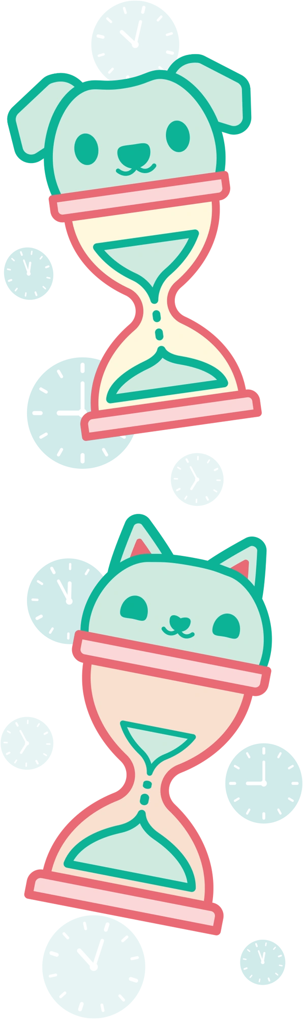 Two cute cartoon illustrations of an hourglass where one top bulb is shaped like a mint-green cat's head and the other like a mint-green dog's head with floppy ears. Each hourglass has a thick pink frame, and the background is decorated with several faded, light-blue clock faces.