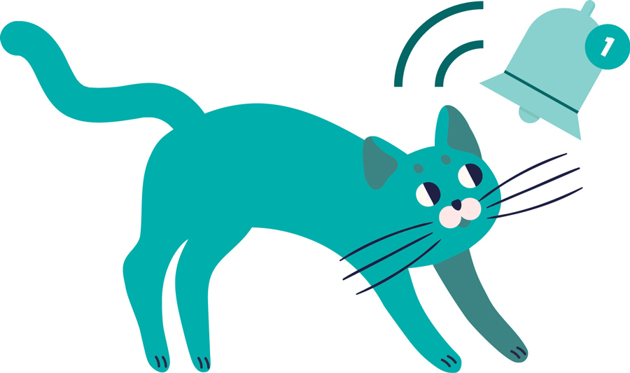 A simple teal illustration of a cat stretching its front legs forward