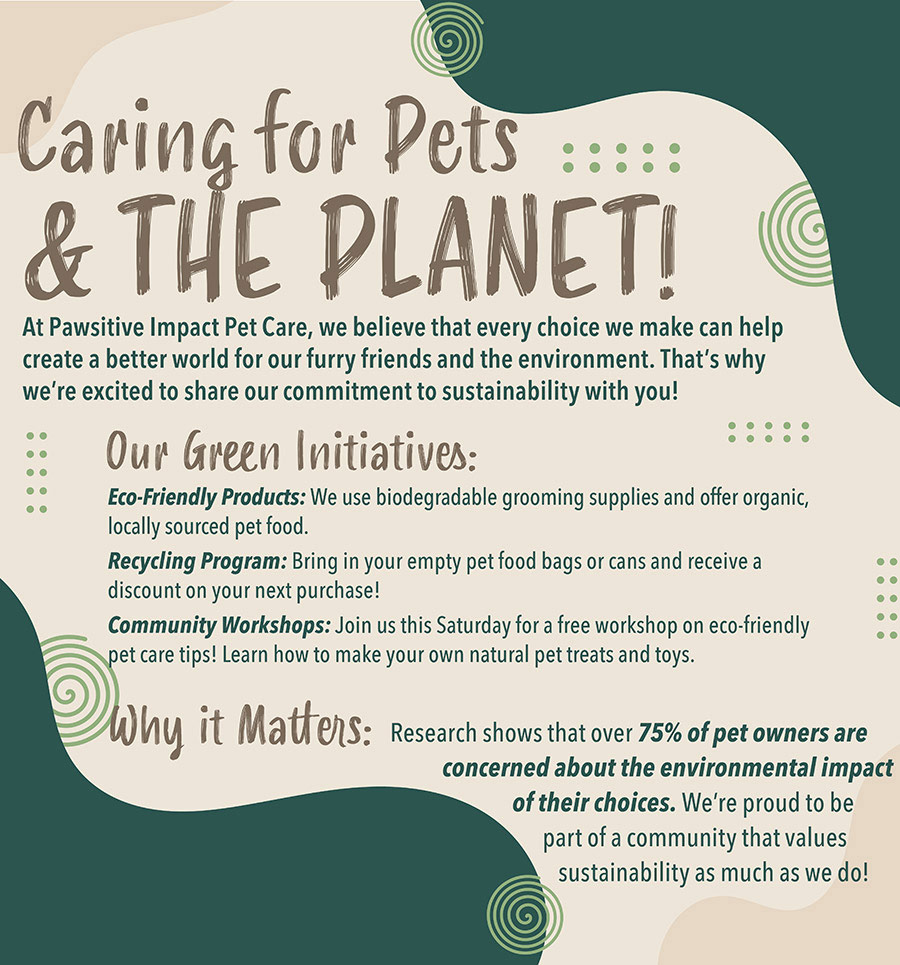 Infographic titled "Caring for Pets & THE PLANET!" detailing Pawsitive Impact Pet Care's green initiatives.