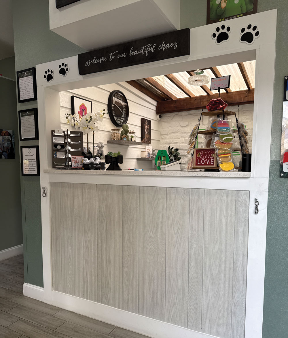 Indoor reception counter with a "Welcome to our beautiful chaos" sign and shelves stocked with dog treats.